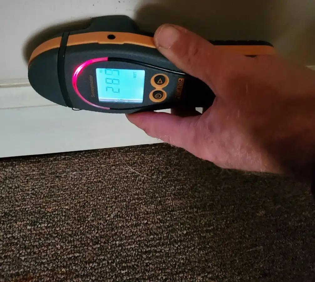 Moisture detection at baseboard during Storm Damage Restoration in Waseca